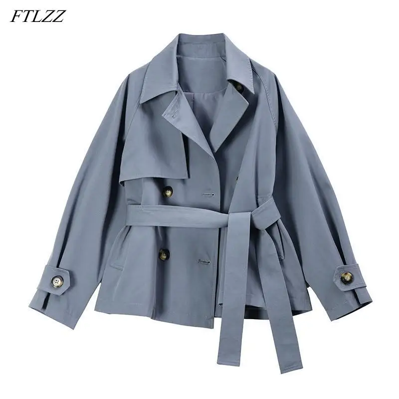 

FTLZZ New Spring Autumn Women High Street Double Breasted Turn-down Collar Trench with Belt Office Lady Solid Color Loose Jacket