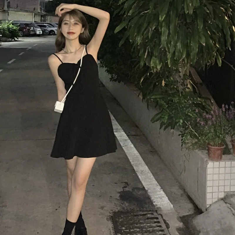 Женское платье на бретелях черное тонкое Элегантное короткое с французской