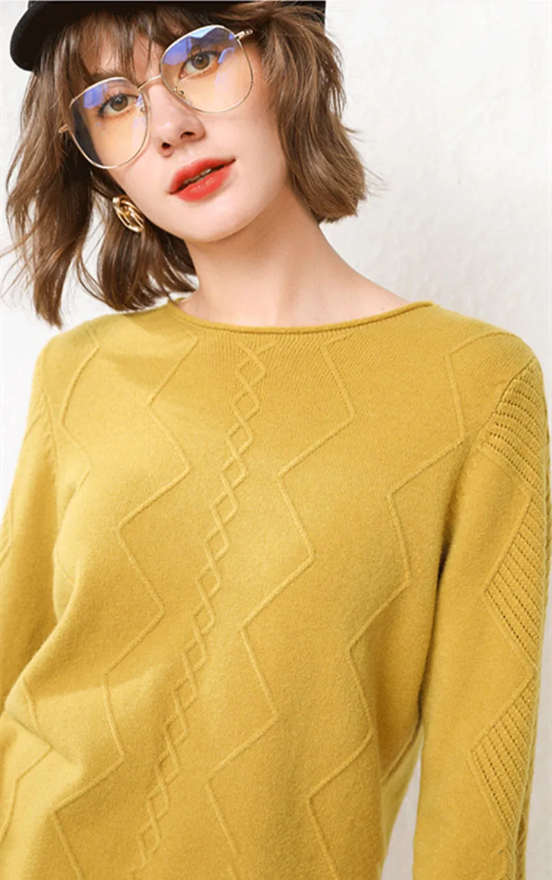 GCAROL New Women O Neck Curled Rhombic Sweater Fall Winter 30% Wool Cashmere Thick Jumper Stretch Warm OL Knitted Pullover S-3XL
