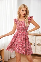women dress summer square collar floral print boho beach dress ruffle short sleeve mini dress sundress