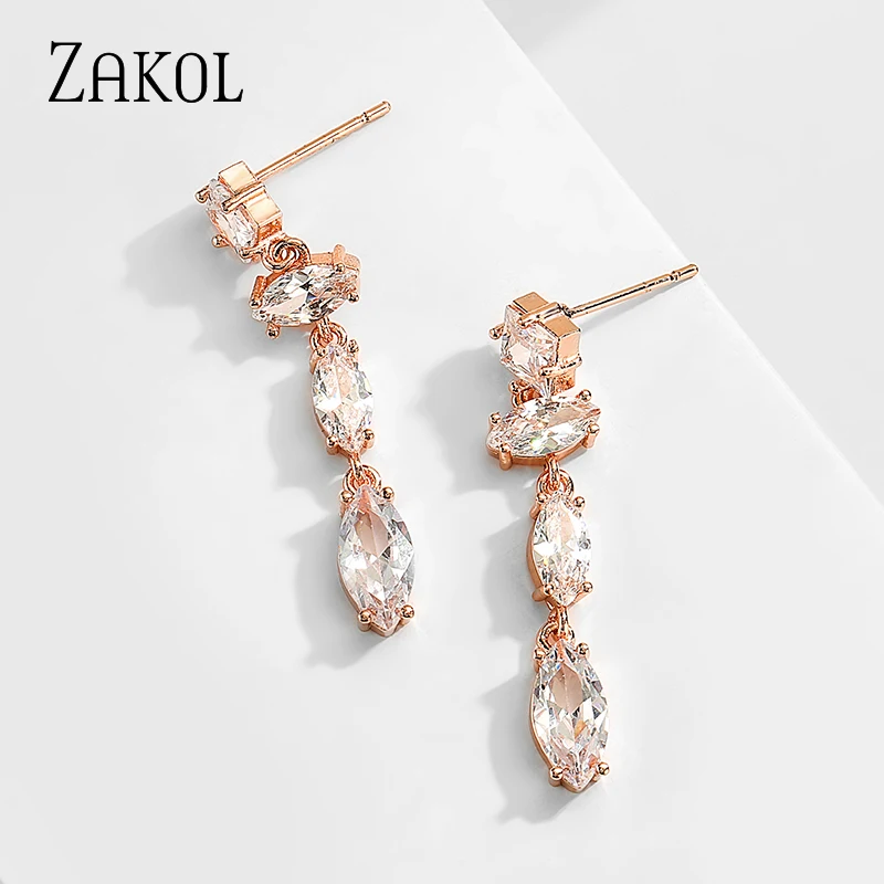 ZAKOL Изысканный свадебный дизайн Маркиза резка длинные висячие серьги фианиты