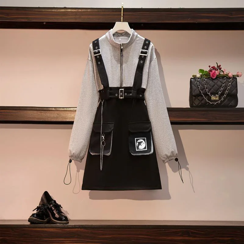 

Fake Two Piece Set Spring Autumn Women Girls Detachable Strap Long Sleeve Sweatwear Suspender A-line Skirt 2pcs