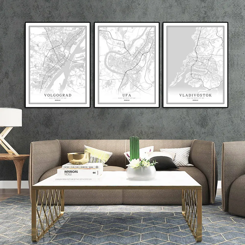 Постер на русском черно-белый карта городов мира год скандинавский стиль для