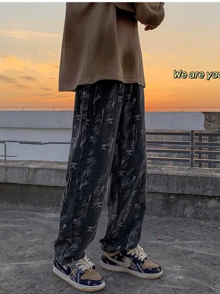 ICCLEK New Jeans Men's Jeans Autumn and Winter Casual Straight Pants Retro High Street Jeans Printed Trousers Oversized Jeans