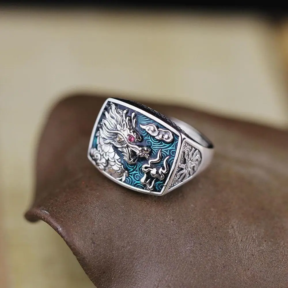 100% 925 solid Pure Silver Dragon Rings For Men And Women Cz Stone Setting Vintage Hollow Design Enameling Process | Украшения и