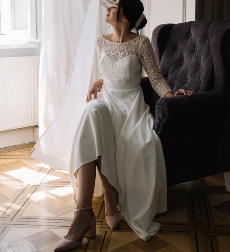 

Lace O-Neck 3/4 Long Sleeve Bridal Dress Floor Length Bohemian Boho Beach Backless Wedding Dress Wedding Gown Bridal Gown