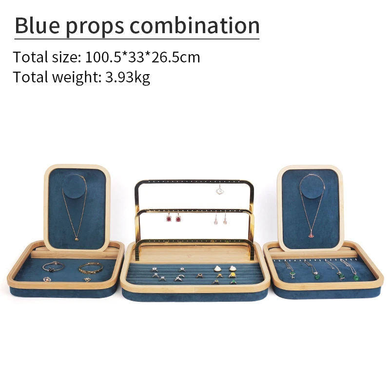 

New Blue Metal Earring Bracket And Solid Wood Microfiber Jewelry Display Tray For Femal Earring Pendent Bracelet Showcase Holder