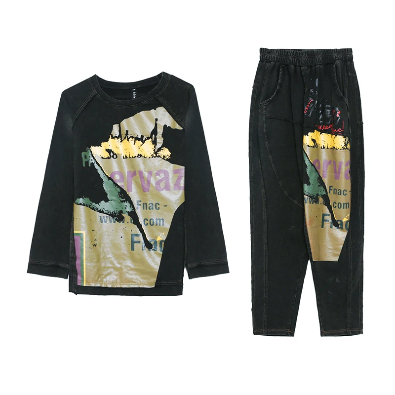 

2021 spring women's fashion plus size loose letters printed denim tops+jeans suits female vintage large size two-piece sets