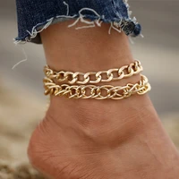 fashion double layer thick chain anklet for women statement jewelry accessoriesvintage metal footbracelet ornament 2pcsset