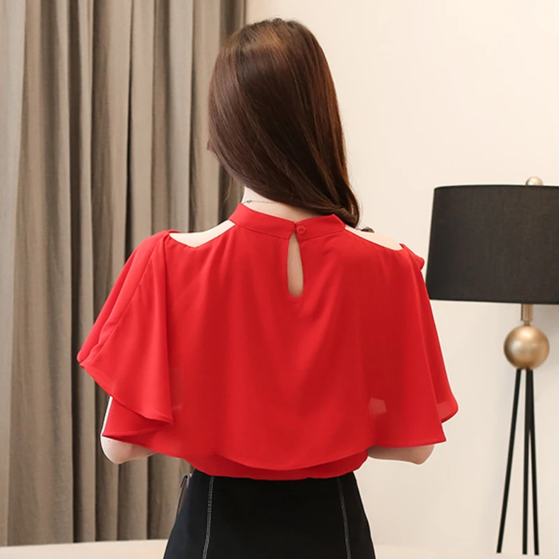 

Womens tops and blouses 2021 Summer New Ruffled Elegant Strapless Loose Chiffon Short Sleeve White Chiffon Shirt Female 682A