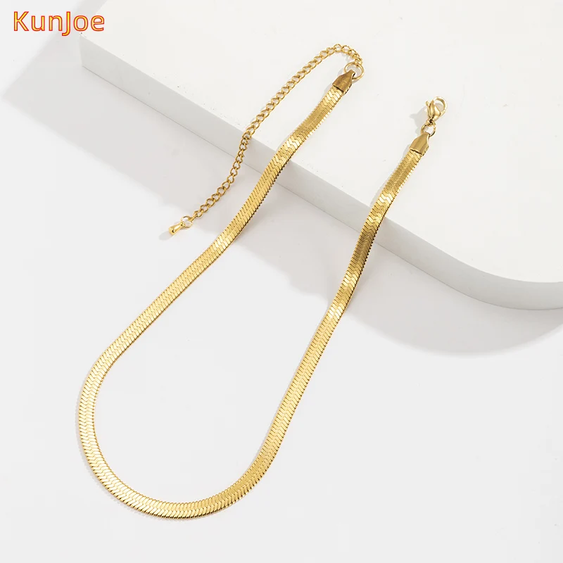 

KunJoe High Quality Hot Fashion Snake Choker Necklace Stainless Steel Herringbone Gold Color Chain Necklace for Women Jewelry