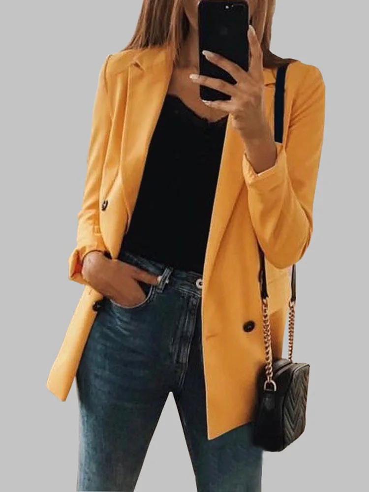 yellow HEFLASHOR модные однотонные женские блейзеры куртки с Winth карманами женские офисные повседневные Костюмы Пальто Feminino блейзеры верхняя одежда - Цвет: yellow