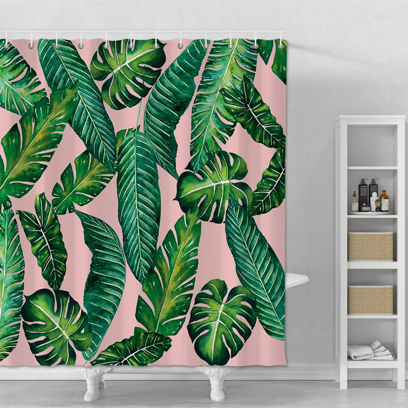 

Pink Shower Curtain Printed Green Leaves Waterproof Bathroom Shower Curtain With Hooks Polyester Fabric Bath Shower Curtain Set