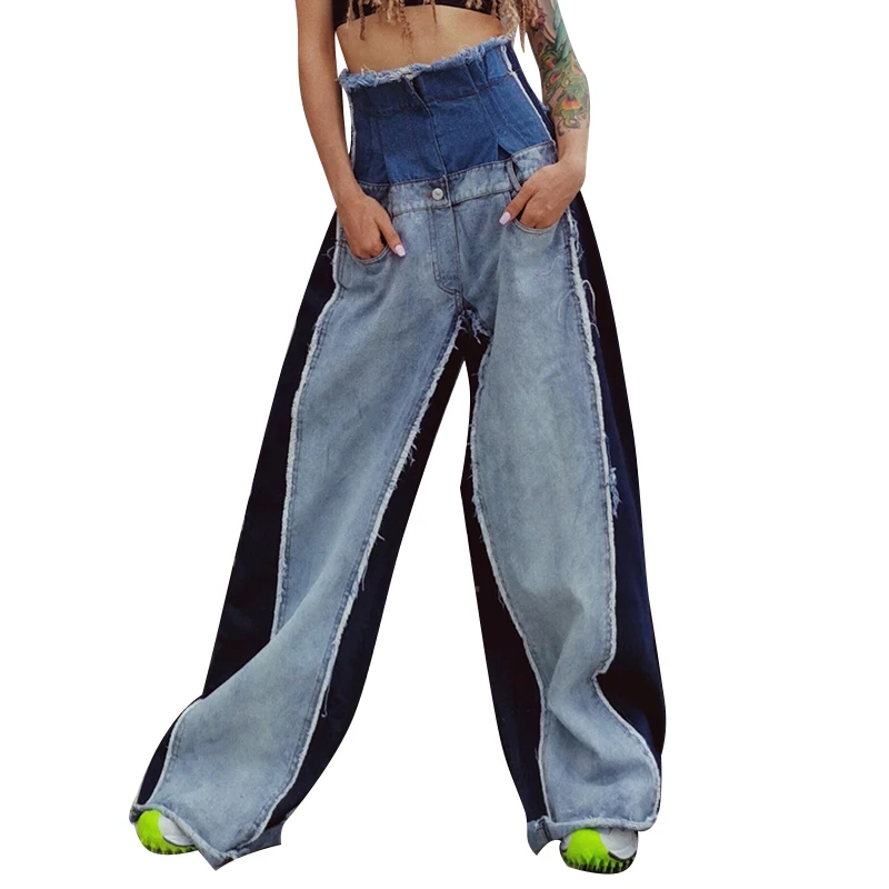 TWOTWINSTYLE Denim Patchwork Trousers Women High Waist Hit Color Large Size Wide Leg Pants Female Fashion Autumn Tide