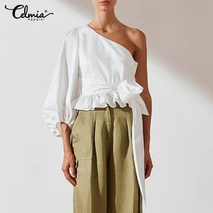 Блузка Celmia Женская на одно плечо, пикантная туника с Однотонные блузки на каждый день рукавами-фонариками, Свободный Топ с оборками, элегантная рубашка, 2021