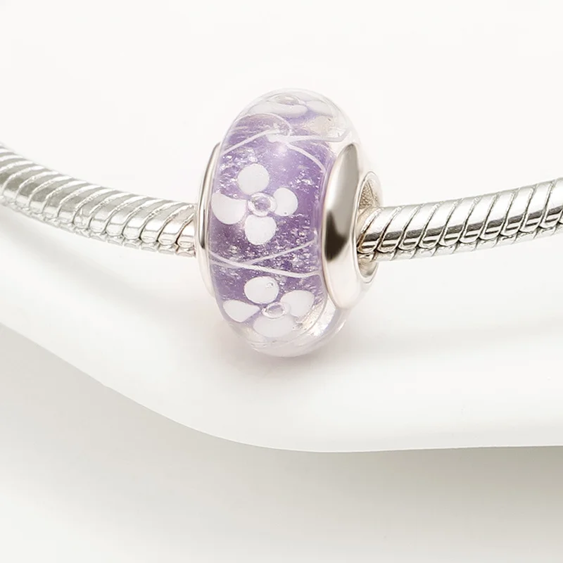 

Fits Original Pandora Bracelet Necklace 925 Silver Purple Beads White Pattern Round Plate Plata De Ley Charms Women Fine Jewelry