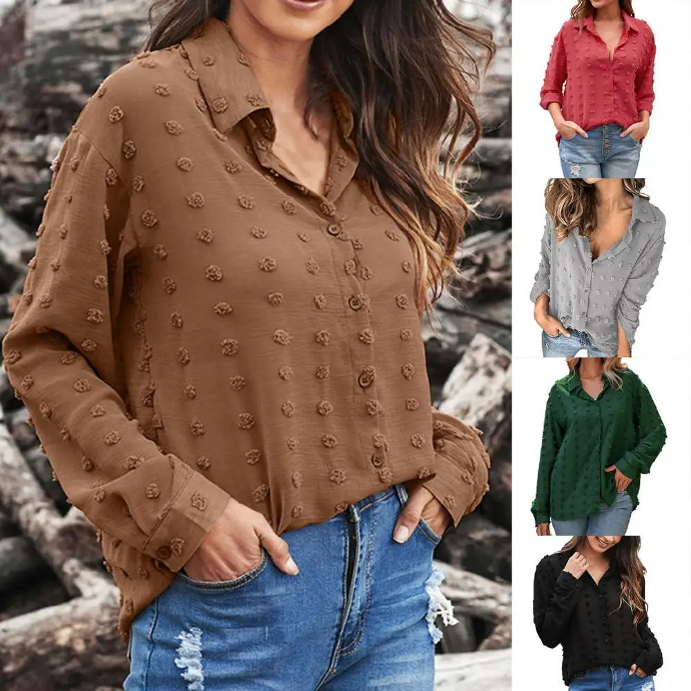 

Women Casual Shirts 2021 New Autumn Solid Long Sleeve Turn-down Collar Shirt Dot Print Button Closure Shirt for Daily Office