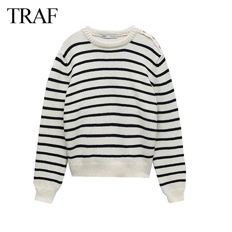 

TRAF 2021 Spring and Autumn Women's Sweater Pullover Long Sleeve Round Neck Ladies Stripe Printed Knit Fashion Retro Casual Wear