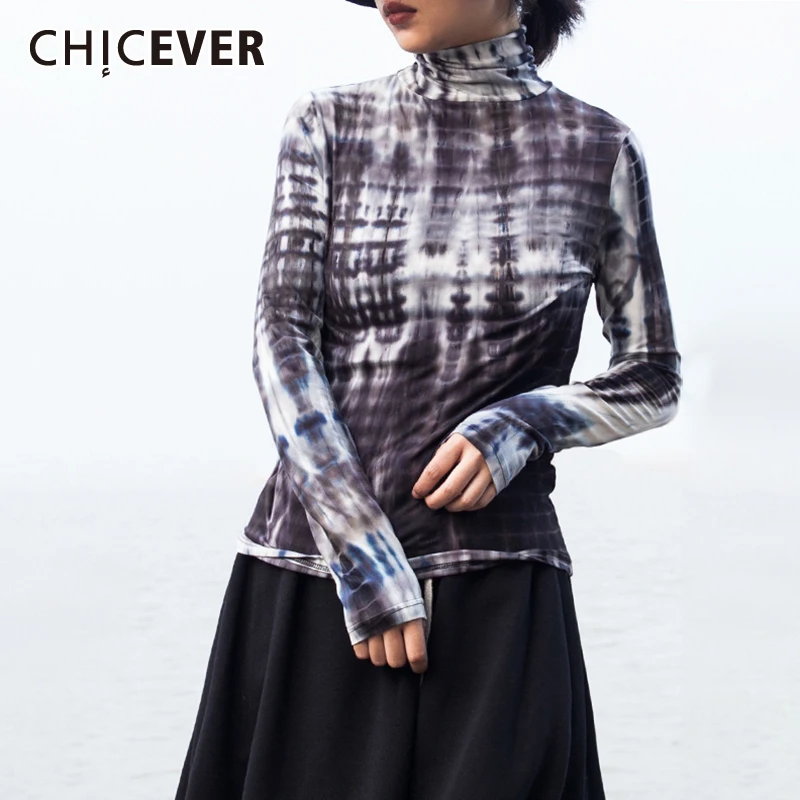 

CHICEVER Tie Dye Colorblock обтягивающие футболки для женщин Водолазка с длинным рукавом Повседневная футболка Женская Осенняя модная новая одежда