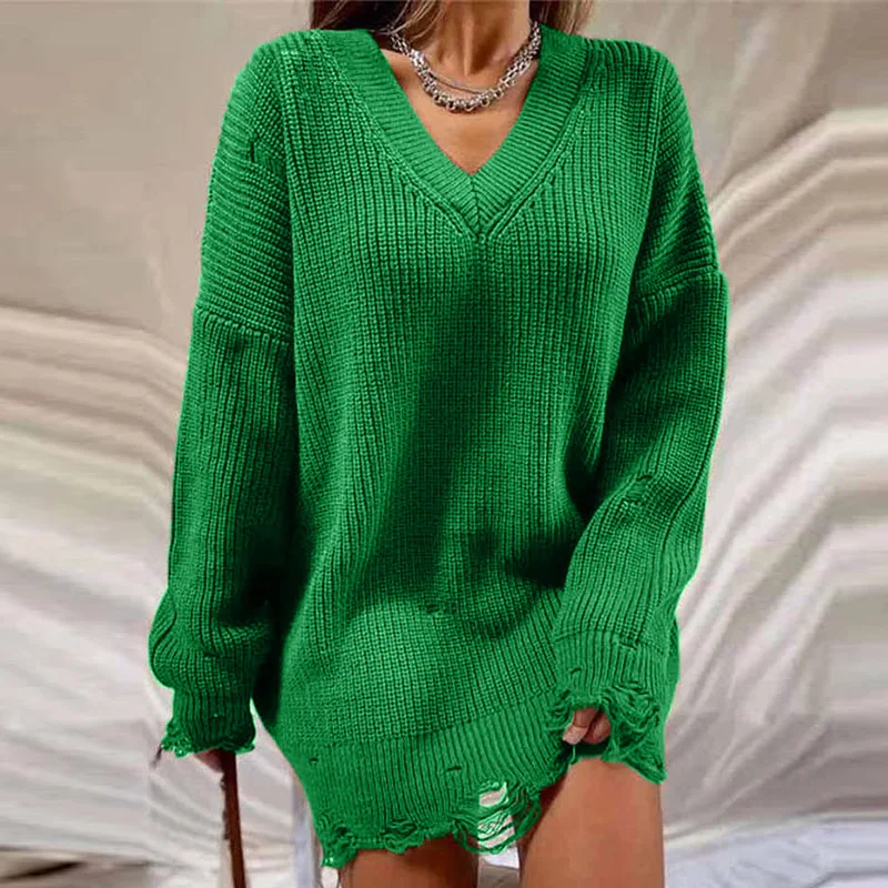 

Loose Women Fashion Sweater Dress Long Sleeve Knitted Lazy Ripped Robe Soft Mini Dress Oversized Female Clothing Vestidos