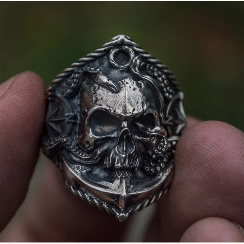 

Gothic Men's Pirate Skull Ring Unique Pirate Octopus Anchor Adsorption Compass Ring Male Punk Skull Biker Rin Wholesale