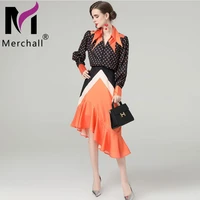 vintage color contrast dress suit set woman polka dot lantern sleeve shirt mermaid package hip skirts two piece sets m68625