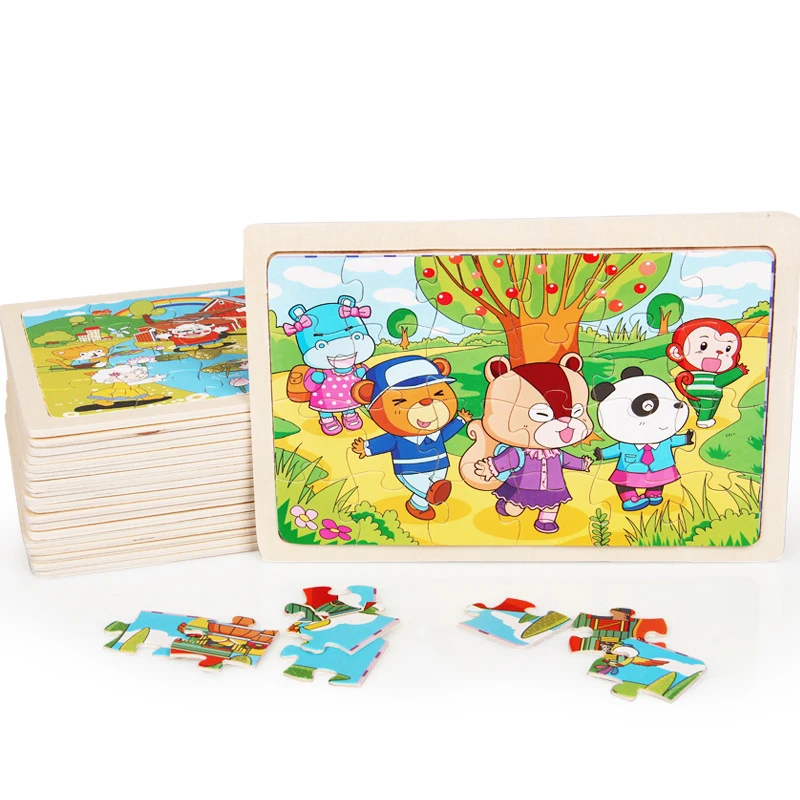 

24PCS Puzzle Wooden Toys Kids Baby Wood Puzzles Cartoon Vehicle Animals Learning Educational Toys For Children Gift