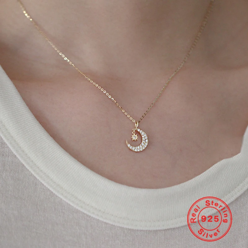 

925 Sterling Silver Plated 14K Gold Inlay White Zircon Necklace for Women Star and Moon Pendant All-match Clavicle Chain