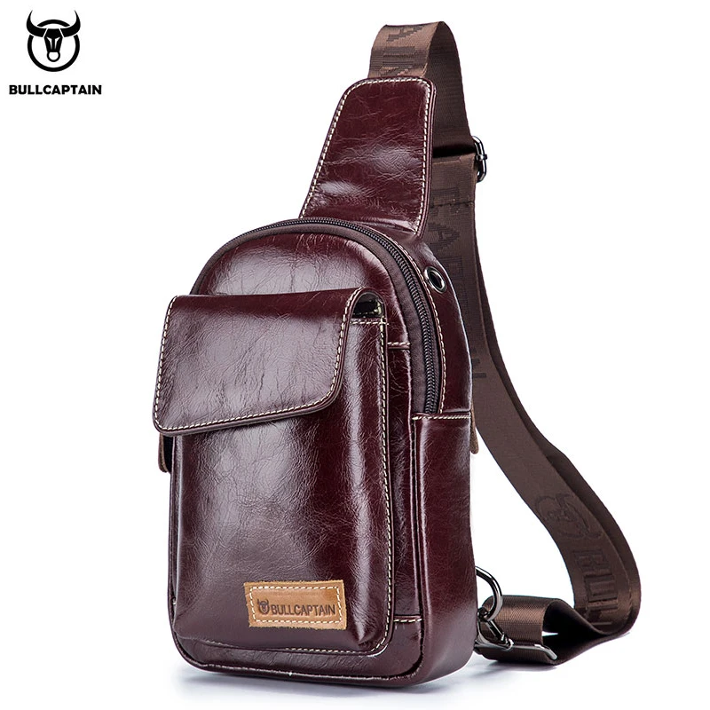 BULLCAPTAIN men's first layer cowhide chest bag leather casual messenger shoulder sports fashion personality men's chest bag