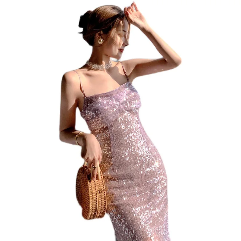 

Gentle and Charming Skin White Tight-fitting Hip Sexy Sparkling Sequined Sling Dress Female