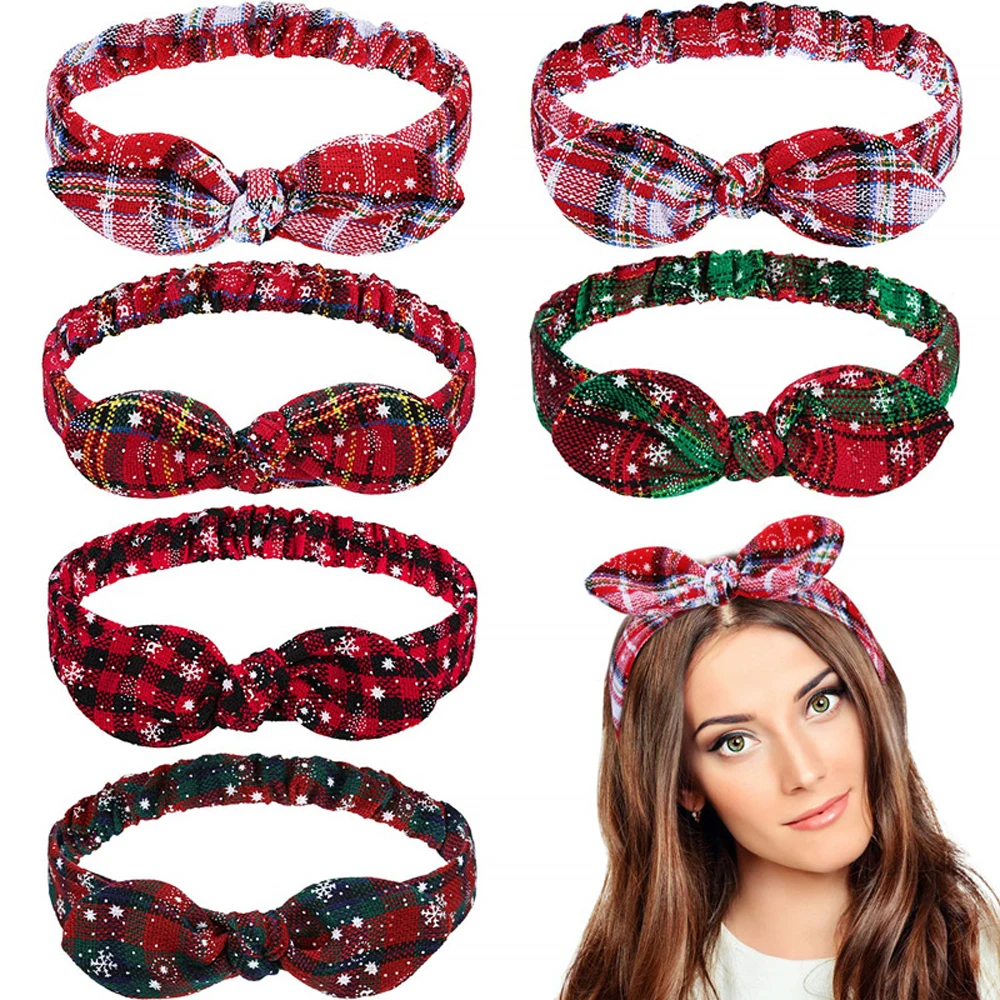

Christmas Snowflake Headband Knotted Grid Elastic Ear Hairband for Women Grils Fashion Headwear Xmas Decor