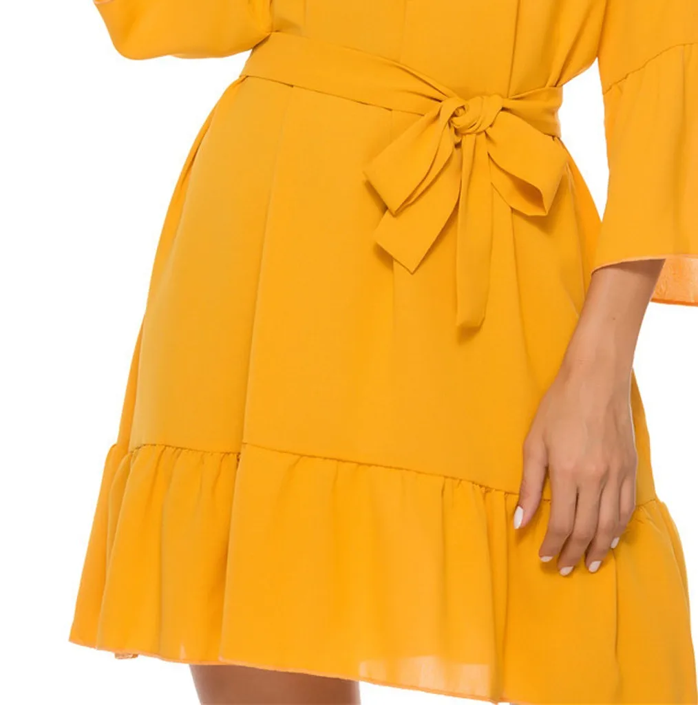 

Autumn Mini Dress Women Vintage Half Sleeve Embroidery Bow Sexy V Neck Casual Dresses Elegant Chiffon Bandage Dress Robe Femme