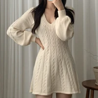 elegant simple pullover dress women 2022 korean fashion solid lantern sleeve knitted dress autumn winter warm sweater dresses