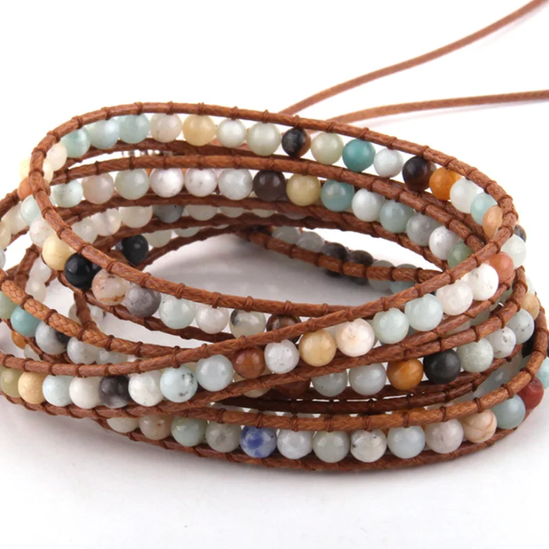 

Hot Sale Fashion 5 Strands Winding 4MM Natural Stone Beaded Bracelets for Women Mens Popular Jewelry Wrap Bracelet Wholesale