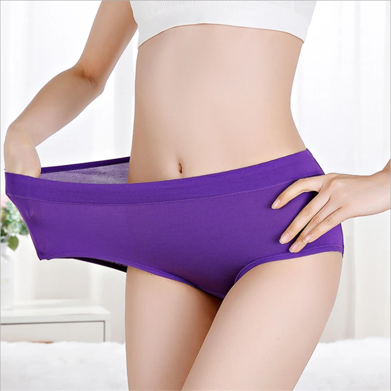 

Four Seasons Large Size Underwear Female 200 Jin Fat Sister Women 's Mid- Waist Panties Solid Color Modal