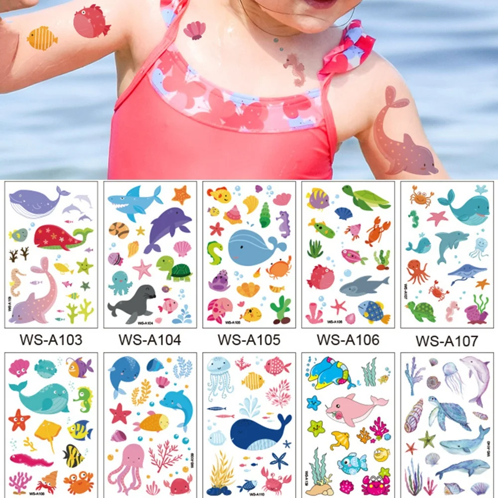 10 видов мультяшных татуировок с морской рыбой одноразовые водонепроницаемые