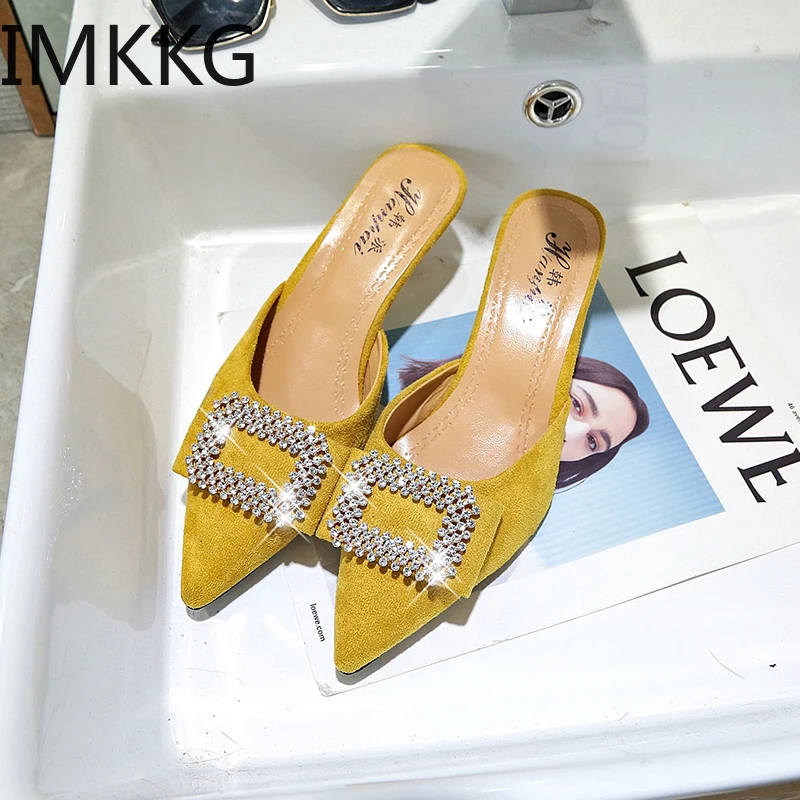 Шлепанцы женские без задника повседневные сандалии с кристаллами застежки сланцы элегантная обувь для