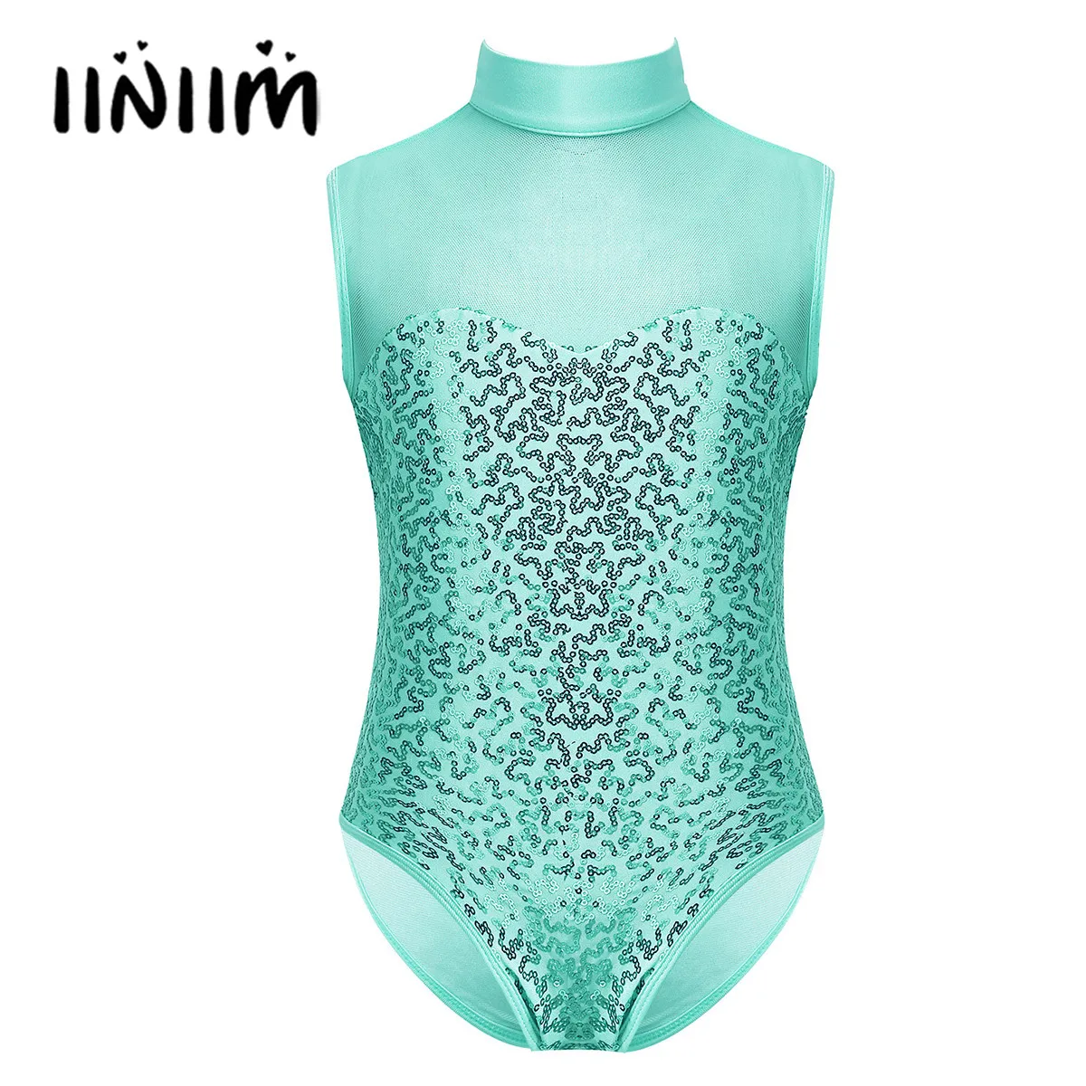 

Kids Girls Gymnastics Ballet Leotard Bodysuit Sparkly Sequin Mock Neck Ballerina Tulle Splice Keyhole Back Ballet Dance Jumpsuit