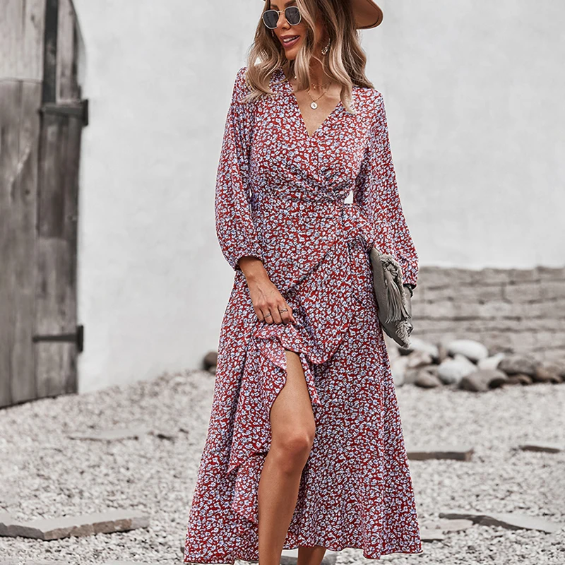 

Autumn Spring Women Long Sleeve V Neck Maxi Dress Floral Printed Loose Casual High Waist Clothes Fashion Lace Up Party Dresses