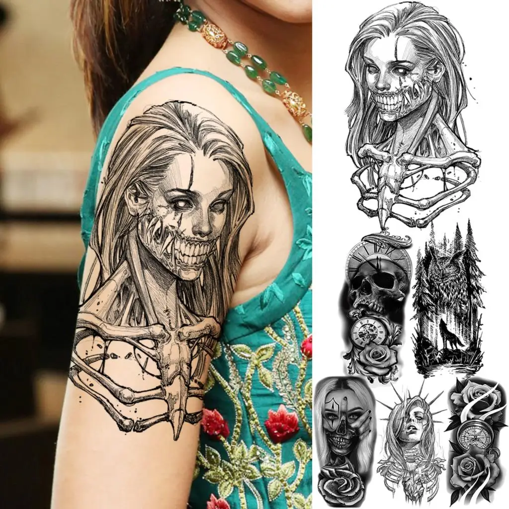 

Реалистичные временные татуировки с черным черепом и скелетом на Хэллоуин для женщин и мужчин, взрослые татуировки с цветочным компасом, во...