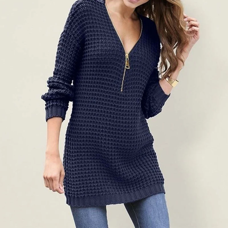 Женское трикотажное платье-свитер с v-образным вырезом длинный теплый свитер
