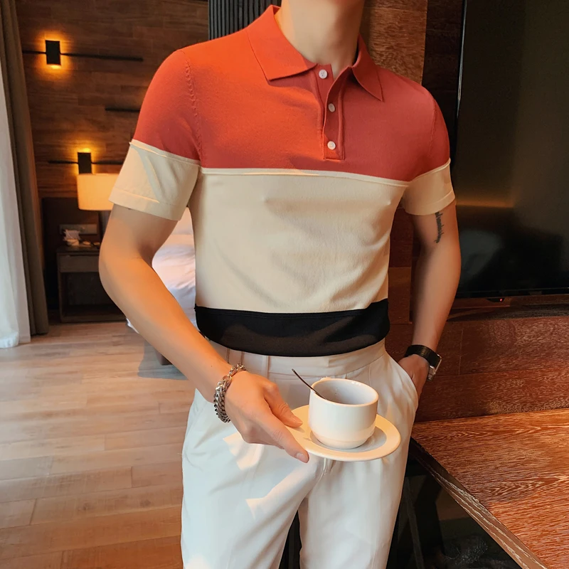 

Summer Short Sleeve Knitted Shirt Men Clothing 2021 Fashion Contrast Color Slim Fit Casual Mens