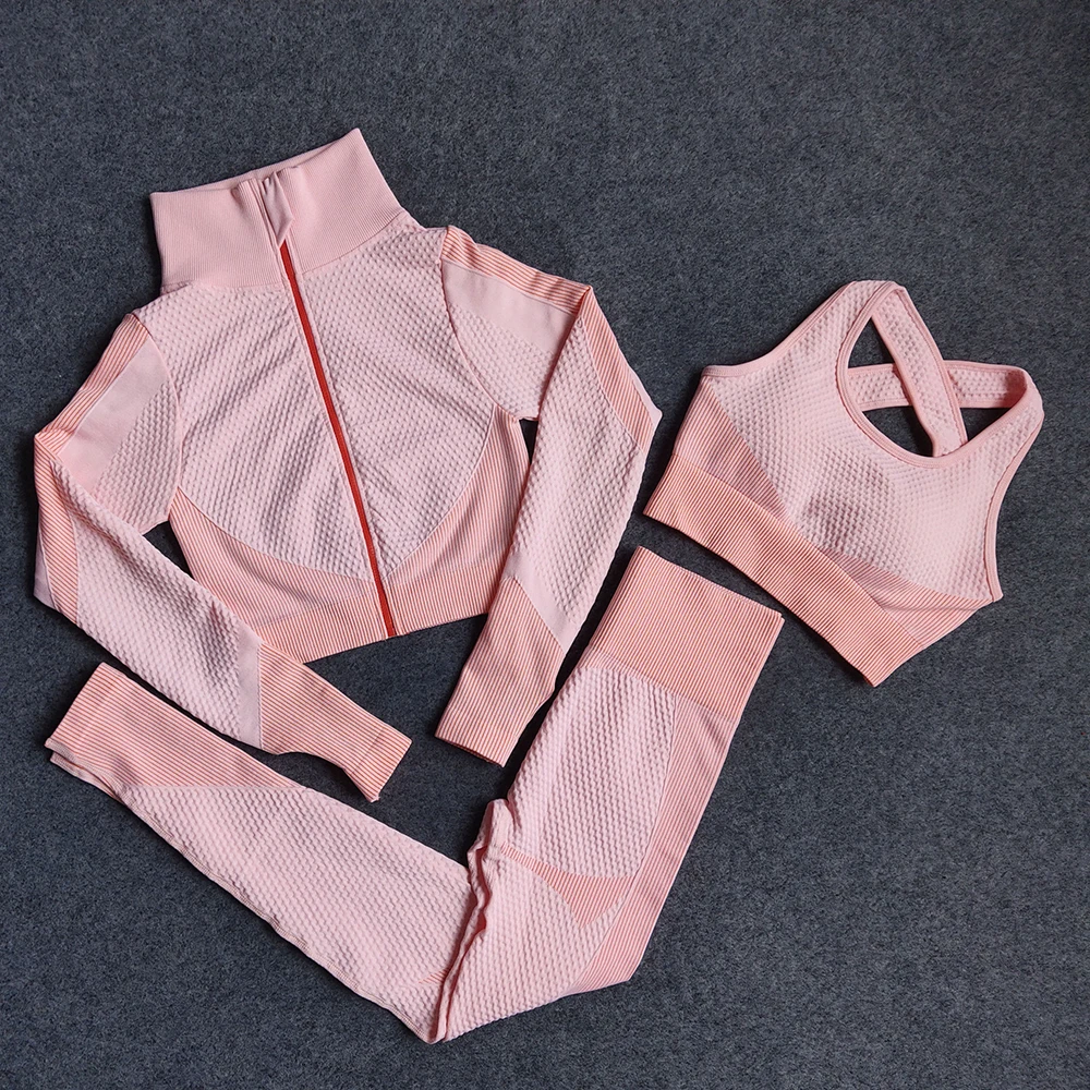 

Women's Workout Outfit 3 Pcs Tracksuit-Seamless Yoga Leggings and Stretch Sports Bra + Long Sleeve Crop Top Coat Gym Clothes Set