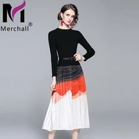 new arrival runway autumn winter knit pleated dress office lady patchwork long sleeve midi party dresses woman clothing m66221