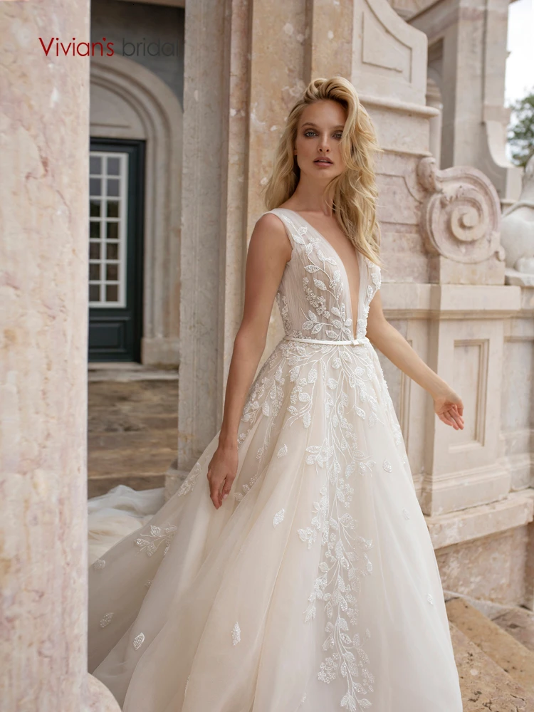 Vivian's Bridal изящное богемное Шелковистое свадебное платье из органзы, сексуальное свадебное платье с двойным глубоким v-образным вырезом, Блестками, Бисером и кружевной аппликацией, свадебное платье