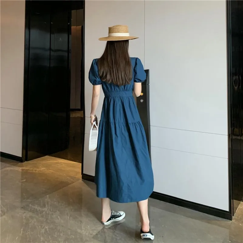 

One-Piece 2021 New Korean Style Summer Chic Dress Vintage Puff Sleeve Solid Color Mid-Length Dress Slim Waist Sweet Lovely Dress