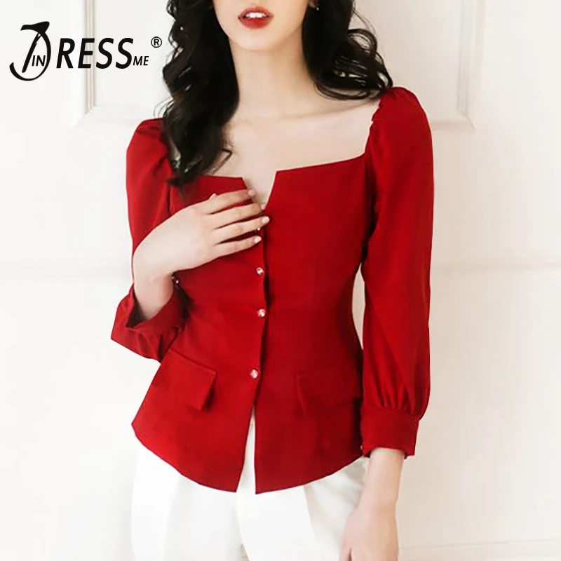 

INDRESSME 2020 New Fashion Square Neck Casual Puff Three Quarter Sleeves Button Shirt Slim Top Office Lady Casual Daily Wear