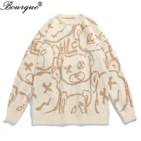 womens knitted sweater bear print vintage lazy style streetwear fashion trend causal loose jacquard female oversized pullover