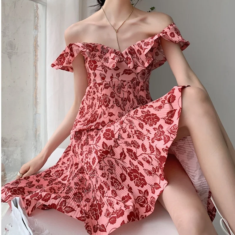 

LANMREM Women Dress Red Flower Printed V Neck Sleeveless Ruffle Floral A-line Temperament Fit Fashion Tide Summer 2021 2H606