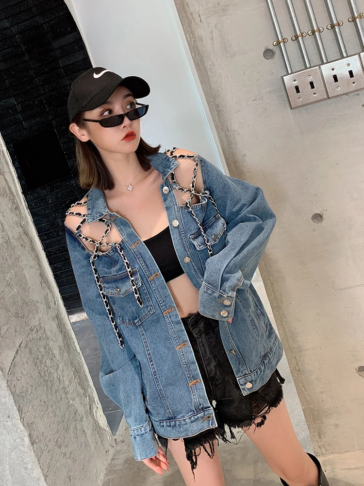 Женская джинсовая куртка с длинными рукавами Повседневная Свободная длинная из